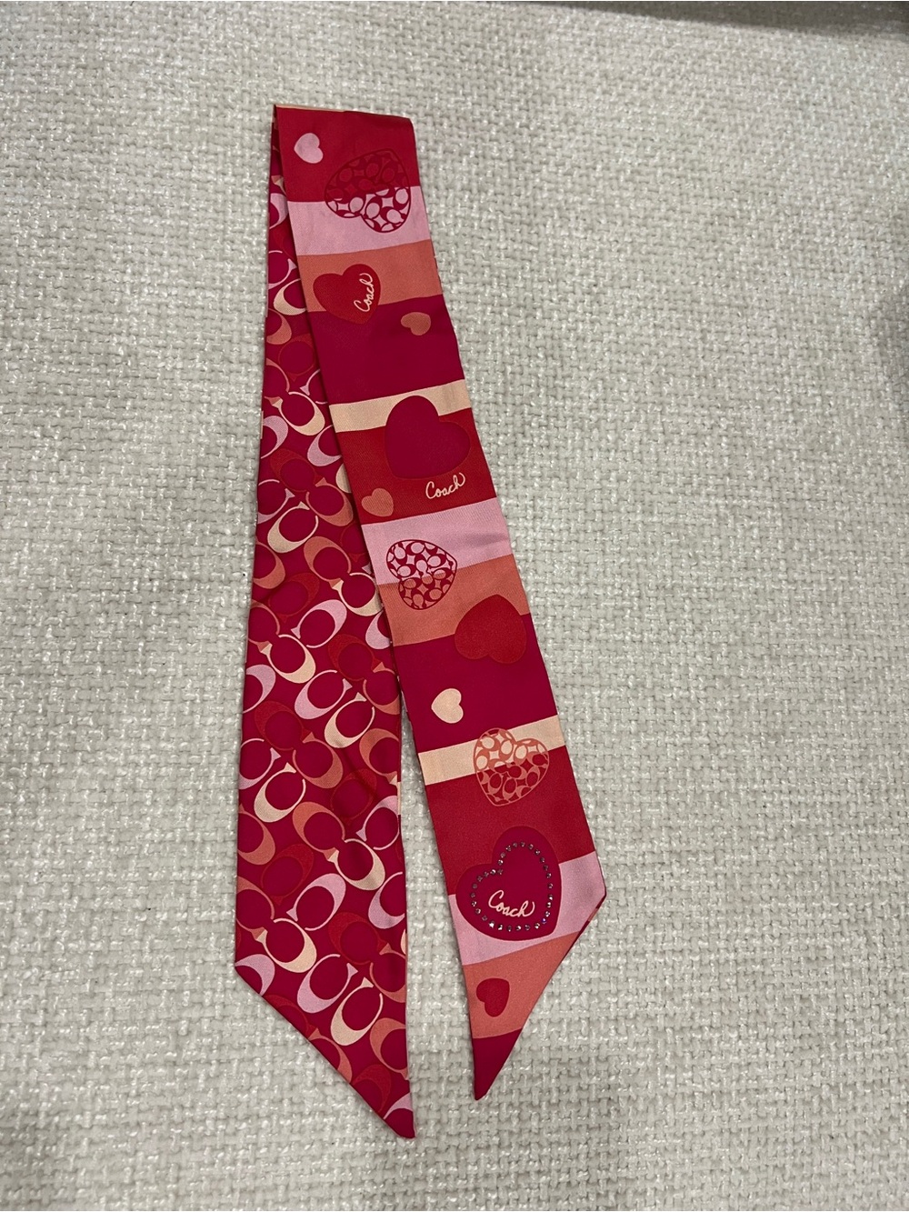 Coach Red and Pink Heart and Crystals Silk Twilly